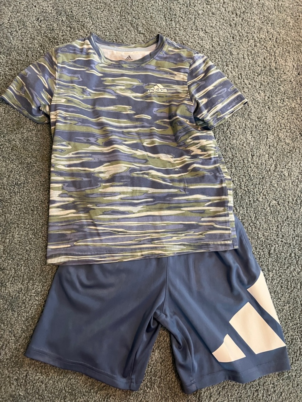 adidas Blue & Light Green Camo Tee with Blue Athletic Shorts